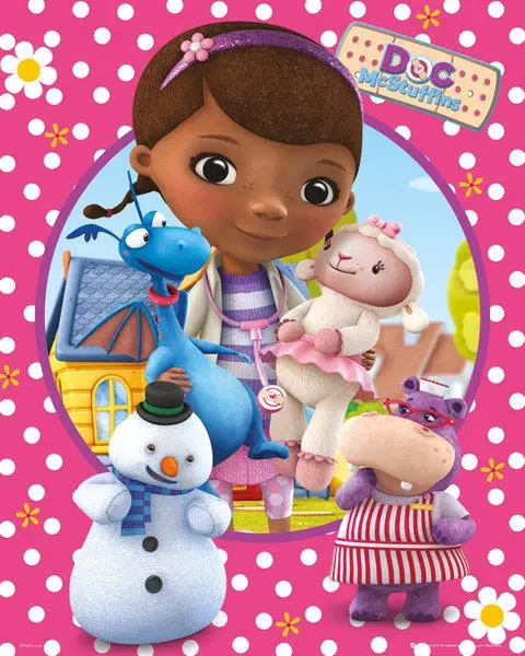 Doc Mcstuffins домик животные цветок белый горошек розовый фон виниловая ткань компьютерная печать стены