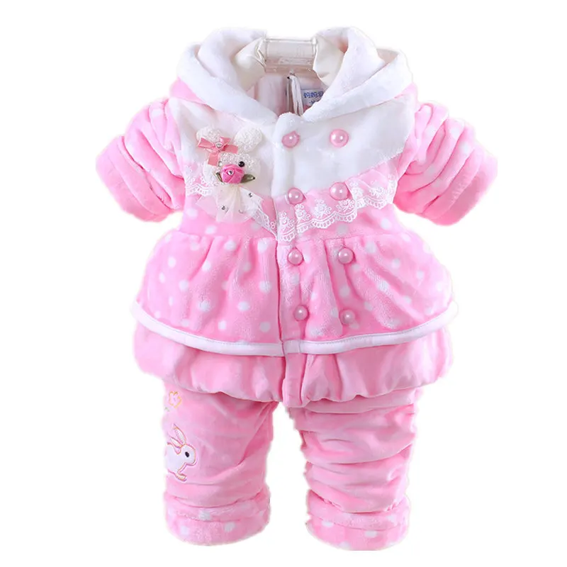 Ceny Niemowlę Baby Girl Clothes Sets 2019 nowa zimowa dziewczyna flanelowy garnitur gruby, ciepły płaszcz kurtka z motywem kreskówki dla dzieci + spodnie dla dzieci