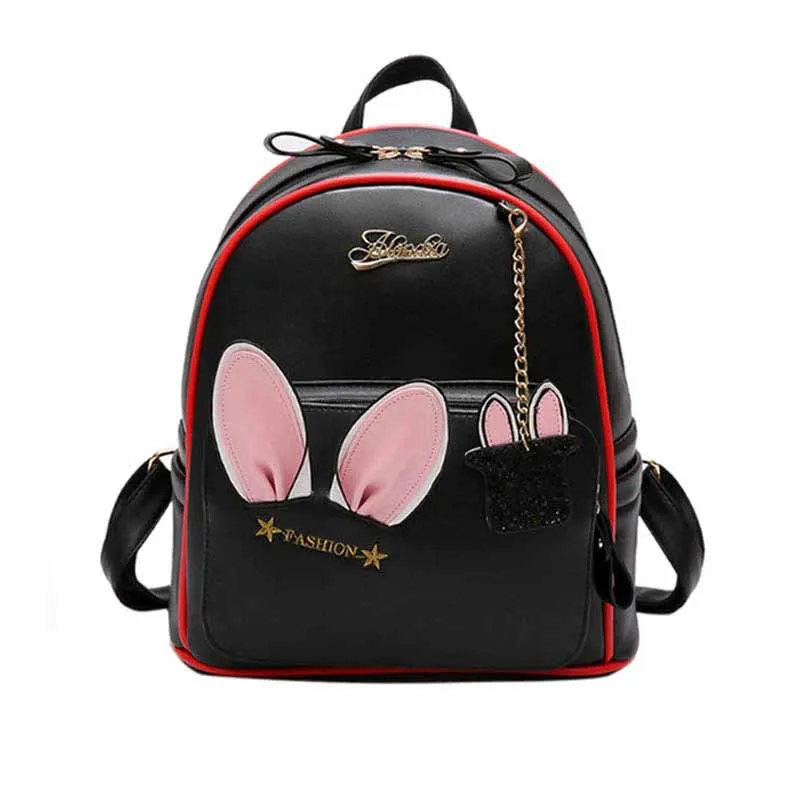 Women PU Cute Leather Backpack Rabbit Ear Backpack with a pendant Kawaii Bookbags Embroidery Backpacks Girls Schoolbags