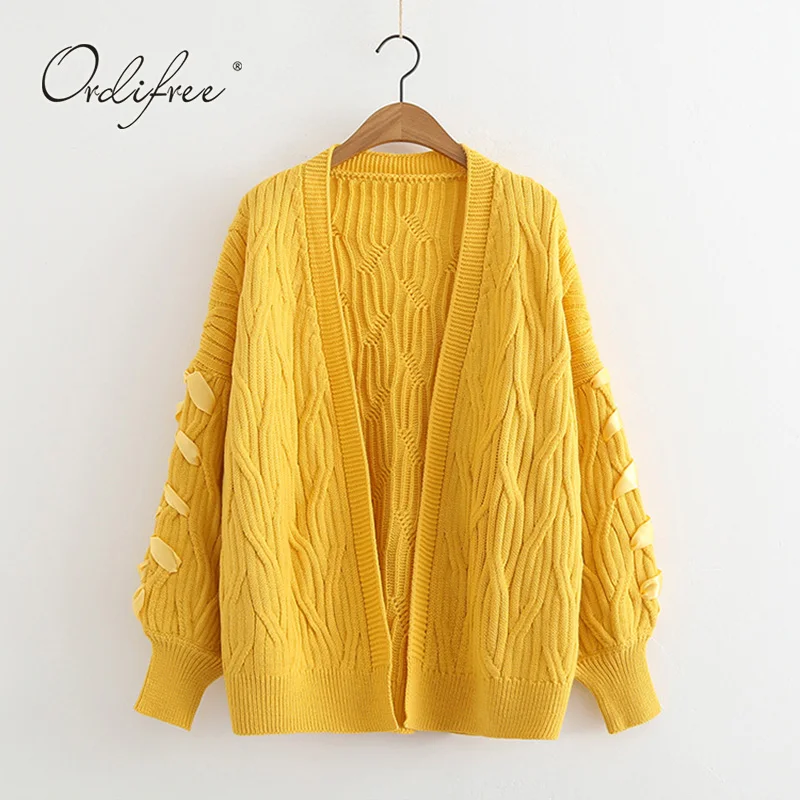 

Ordifree 2018 Autumn Winter Women Knitted Cardigan Lace Up Casual Solid Yellow Female Sweater Cardigan Pull Femme