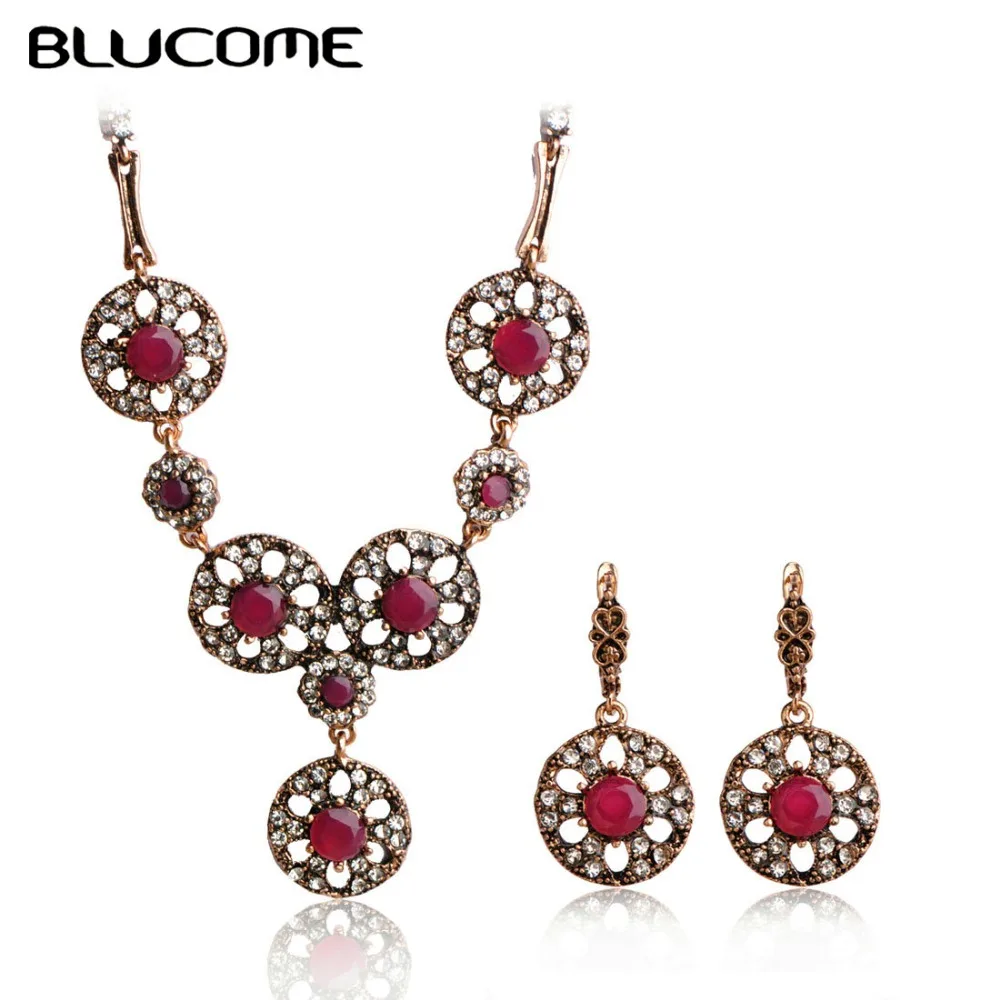 

Blucome Vintage Round Dangle Earring Pendant Necklace Jewelry Sets Women's Costume Accessories Red Resin Turkish Style Bijoux