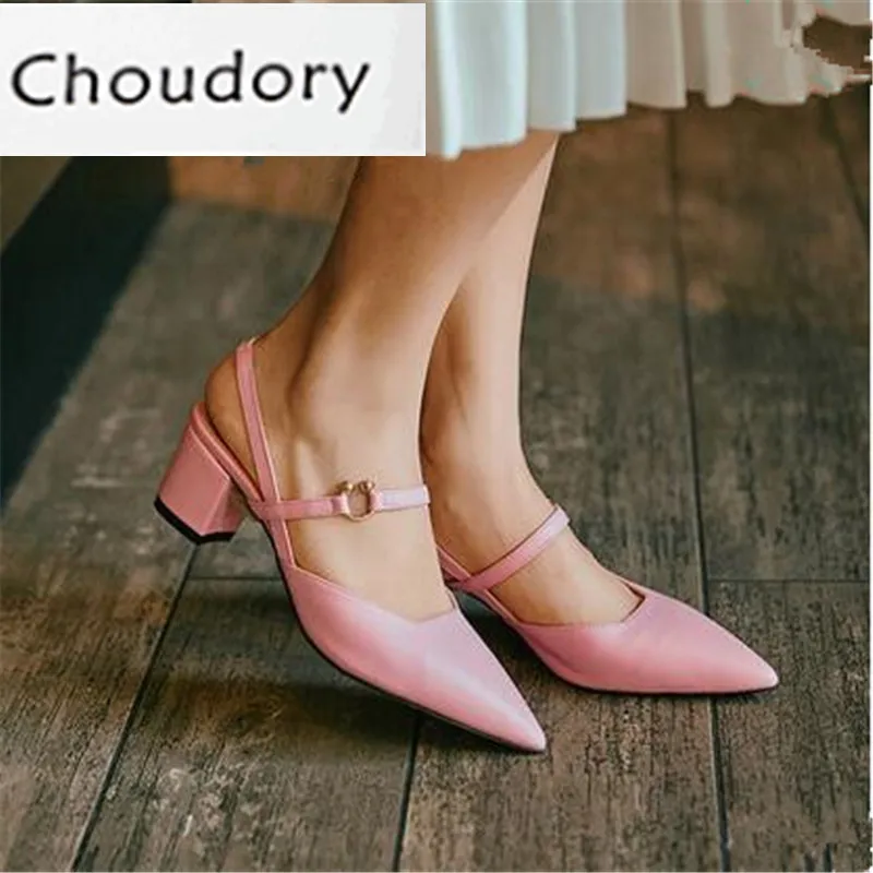 Choudory Pointed Toe Shallow Med Heel Square Heel Mary Janes Pumps Genuine Leather Buckle Strap Comfortable Platform Women Shoes