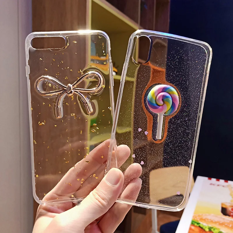 3D Lollipop Bow Glitter Cover for iPhone 11 Pro X XS Max XR Transparent Soft Silicon Case 8 7 6S Plus Capa Hoesje |