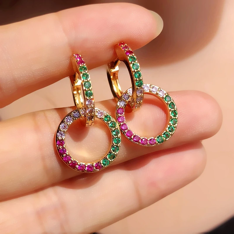

Small Circle Hoop Earrings Pave Multi Colorful Zirconia Stone For Women Two Round Shape Gold Color Vintage Earring Boho jewelry