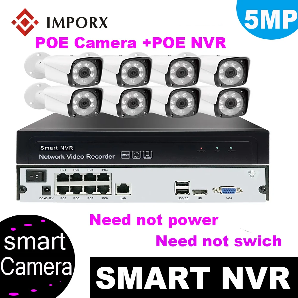 

IMPORX 8CH 5.0MP H.265 POE NVR CCTV Security System Set 8PCS 1944P POE IP Camera IR P2P Outdoor Video Surveillance Kit 2TB HDD