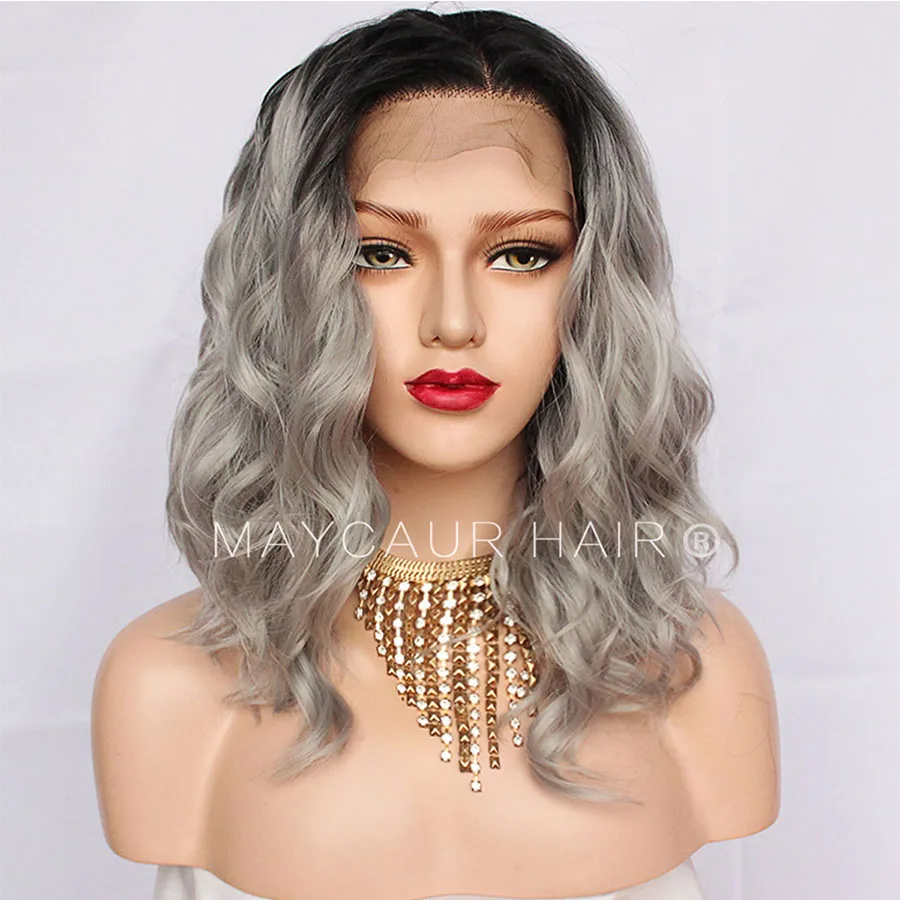 Maycaur Hair Lace Front Synthetic Wigs Short Curly Heat Resistant Hair Black Gray Wig with Baby Hair for Women ( B (8)