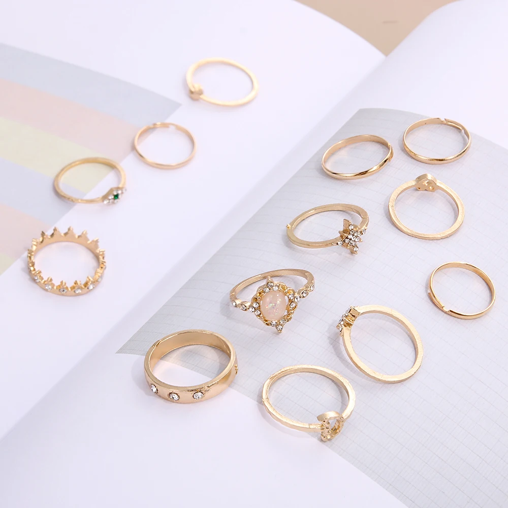 

13Pcs/Set Vintage Star Opal Crystal Finger Ring Set Bohemian Gold Moon Crown Knuckle Midi Rings Women Jewelry Accessories Set