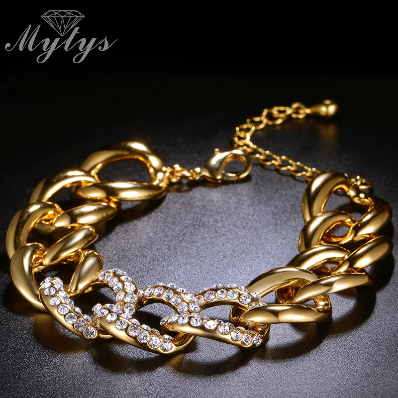 

Mytys Yellow Gold Color Big Link Chain Bracelet Zircon Invisible Setting Fashion Bracelet for Lady B950