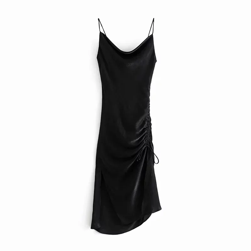 

2019 Spring New Arrival Euro-american Style Black Dress Pleats Decorated Vestido Halter Satin Sexy Dress Women Free Shipping