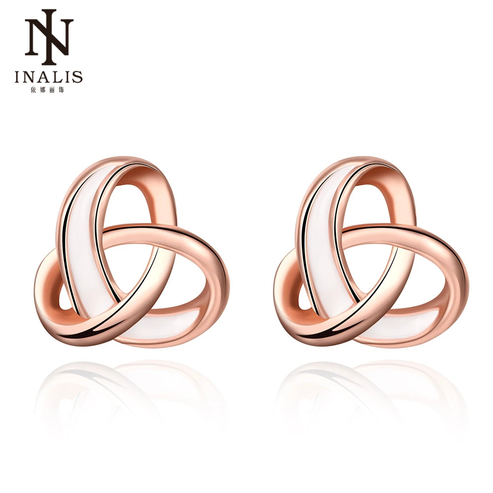 

INALIS Rose Gold Color Double Circle Stud Earrings for Woman Rhinestone Paved Round Earrings
