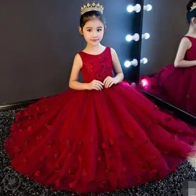 

High Quality Wine Girls Piano Performance Dress Newest Girl Clothes Party Prom Dress Sleeveless Kids Dresses For Girl DF14