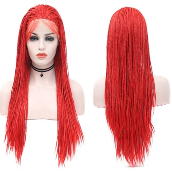 

JOY&BEAUTY Red Color Long Braid Lace Front Wig Micro Braids Synthetic Lace Front Wig Braided Hair With Baby Hair Women Wigs