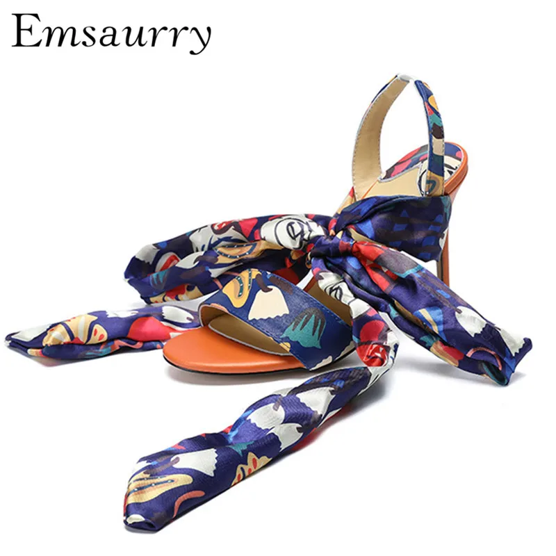 

New Chic Printed Flower Ankle Wrap Gladiator Sandals Women Thin Heel Open Toes Colorful Butterfly-knot Summer Shoes Woman