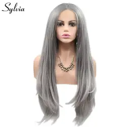 Sylvia натуральный прямые волосы синтетические Синтетические волосы на кружеве парик для Для женщин Ombre Серебряный серый Glueless Косплэй парик