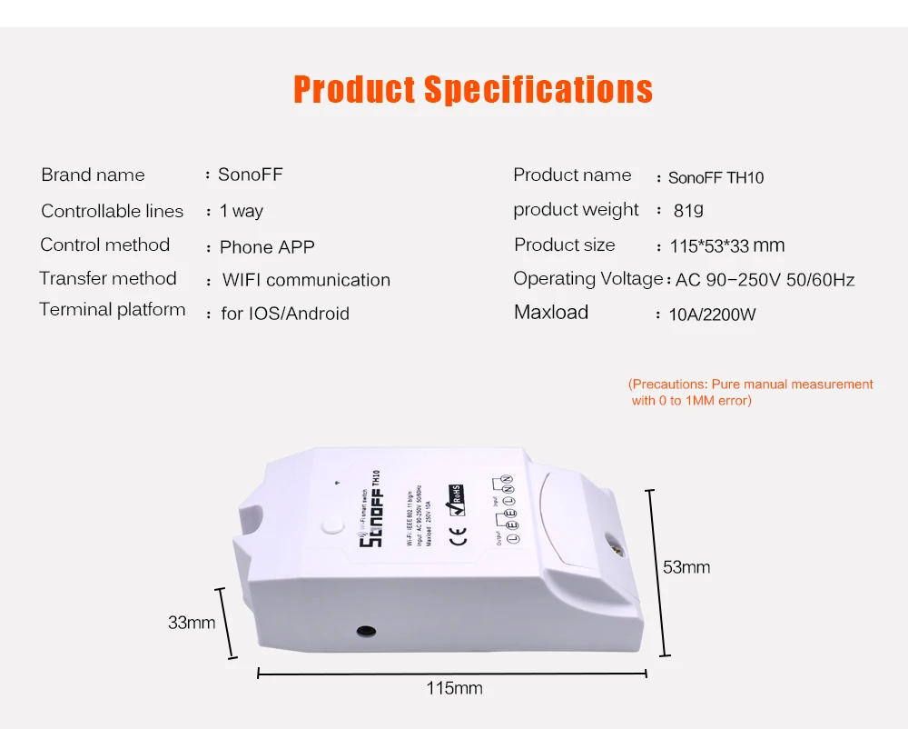 Itead Sonoff TH10 беспроводной wifi переключатель модули вспомогательный датчик температуры и влажности монитор для автоматизации умного дома 10A 2200W