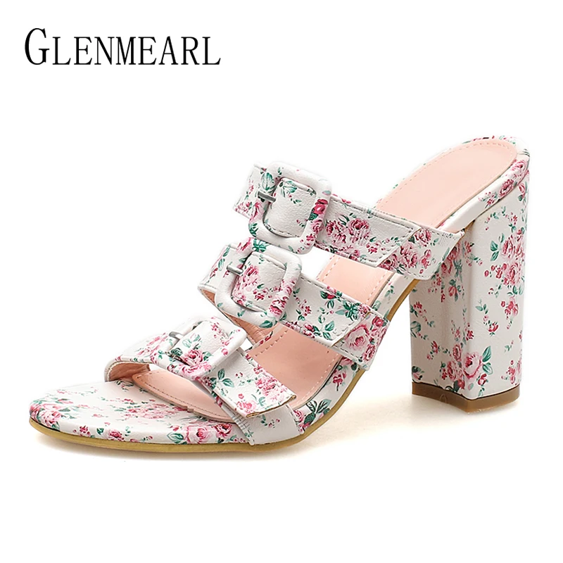 

Brand Women Slippers Chunky High Heels Summer Shoes Female Mules Gladiator Sandals Woman Embroidered Slides Open Toe Ladies Shoe