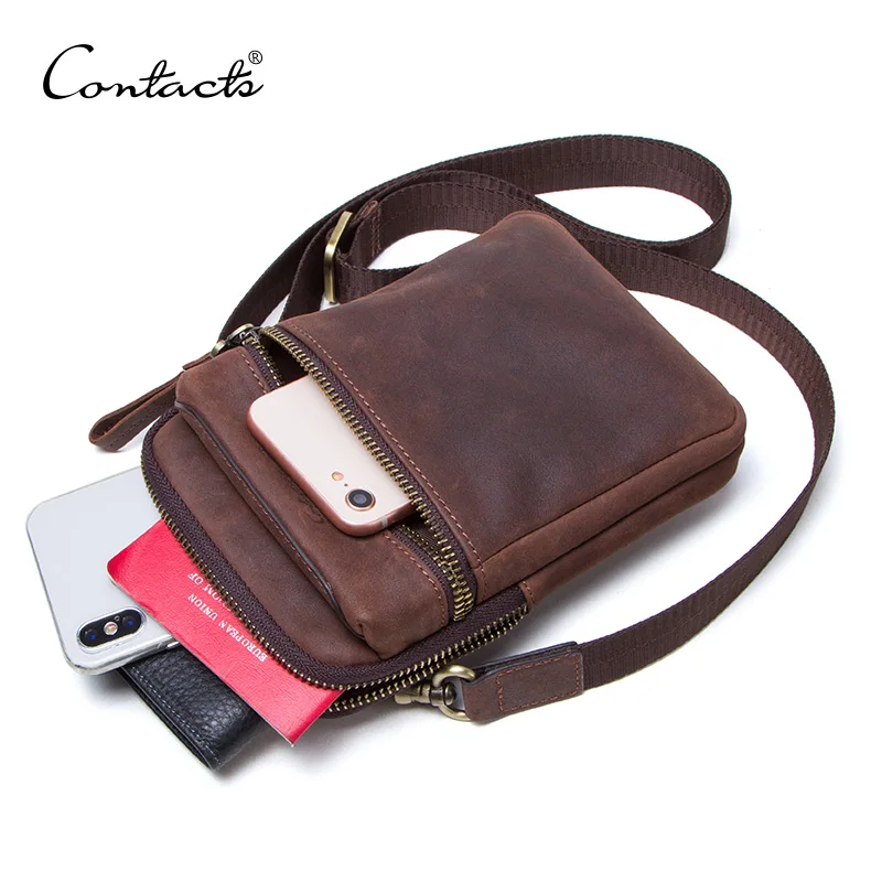 Meilleur CONTACT S 100% en cuir véritable hommes taille pack pour téléphone portable sac à bandoulière voyage pochette petit bandoulière sacs porte cartes bolsas