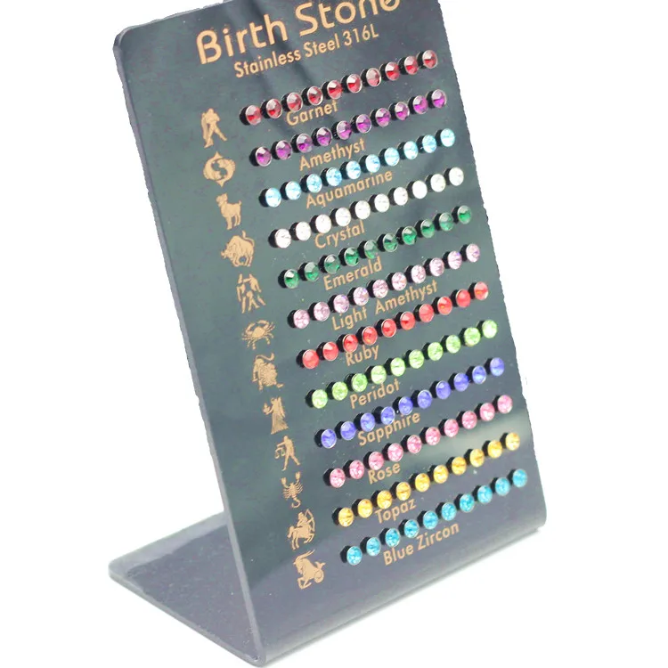 

60pairs/Card Stainless Steel Stud Earrings Colorful Cubic Zirconia Anti-allergy Birth Stone Fashion Earring Sets Wholesale Gift