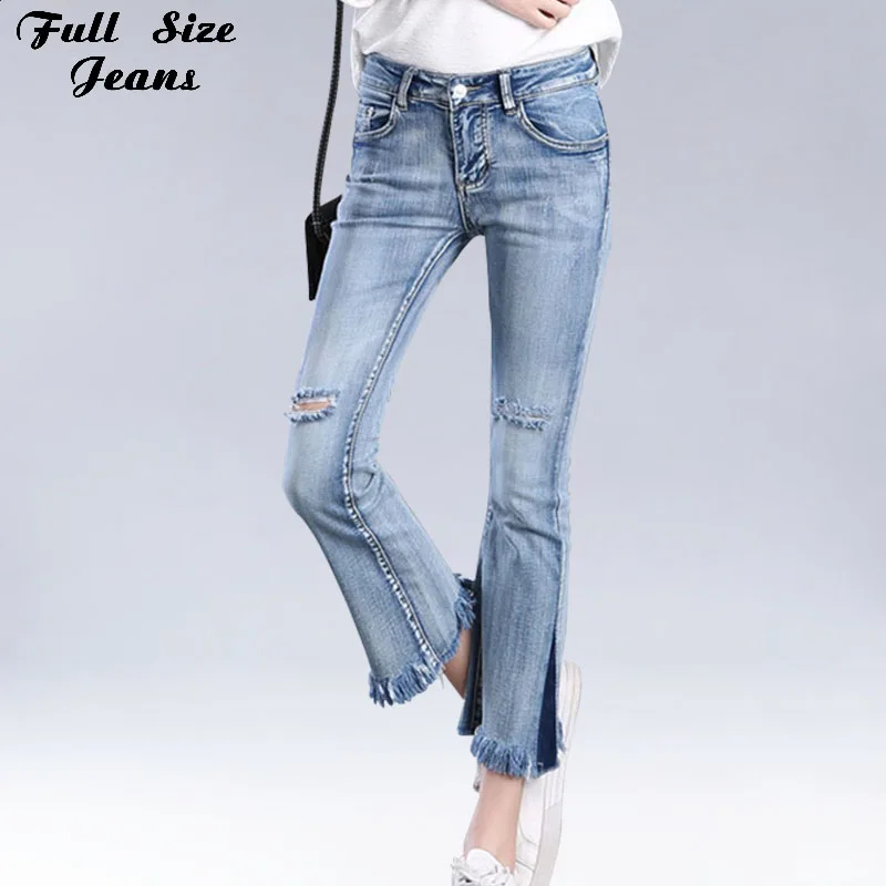 

Autumn Vintage White Side Split Bell Bottom Denim Jeans 4Xl 5Xl 6Xl 7Xl Oversized Nine Pants Pants Stretch Trousers