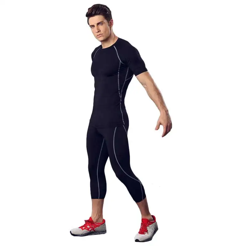 Мужской Pro компрессионный комплект для фитнеса, наборы быстросохнущие Капри Леггинсы+ Топ, тренировка, тренировка, спортивные штаны для йоги+ рубашки, Бег Йога 3242 - Цвет: black grey line