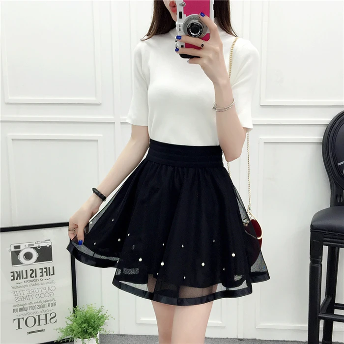 Tulle Skirt High Waist New Summer Women Black Mesh Beading Sweet Mini School Skirt Elastic Waist Tutu Skirt