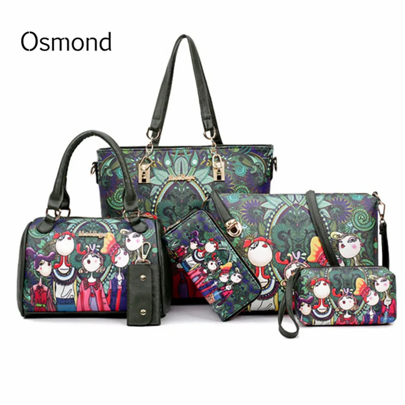 

Osmond Green Women Bag 6 Pcs Set Female PU Leather Shoulder Bag Luxury Key Handbags And Purses Cartoon Pattern Large Totes Bolsa