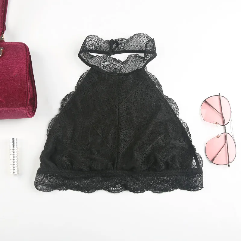 Women black lace floral Wire Free Bra halter Bralettes backless hollow out Sexy full Cup