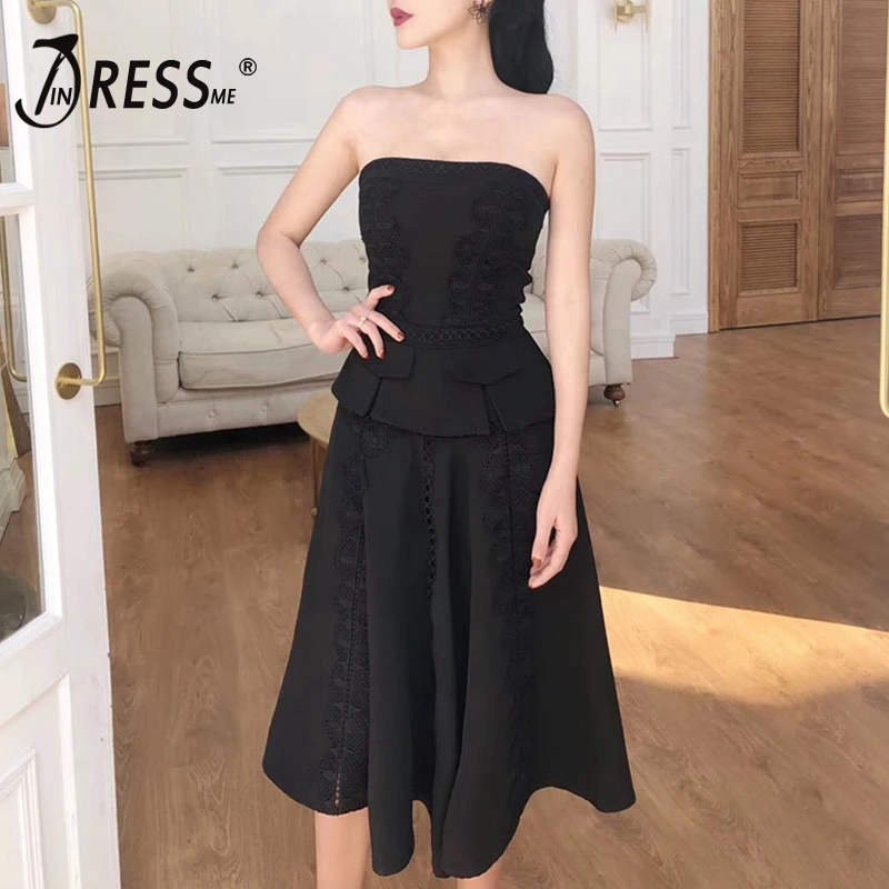

INDRESSME 2019 New Fashion Style Cool Black Strapless Lace Women Celebrity Party A- Line Slim Sexy Club Chic Dress Wholesale INS