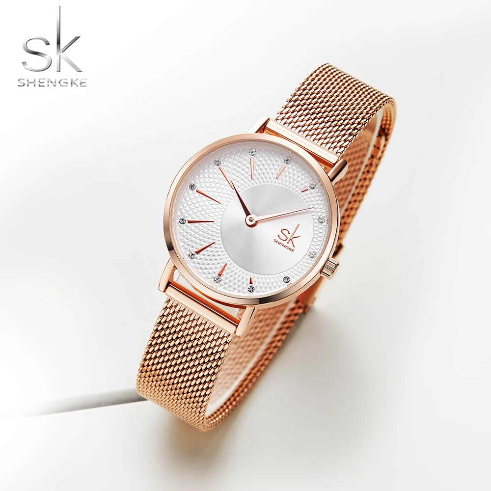Shengke Montre À Quartz Femmes Maille En Acier Inoxydable Bracelet décontracté Montre-Bracelet Japon Mouvement Bayan Kol Saati Reloj Mujer 2019