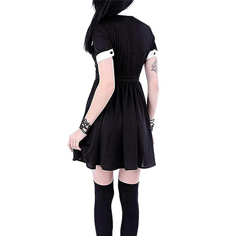 Gothic Punk Style Dress For Women Short Sleeve Summer Dress Turn Down Collor Mini Dress A Line Plus Size Vestido De Festa 40JUN57