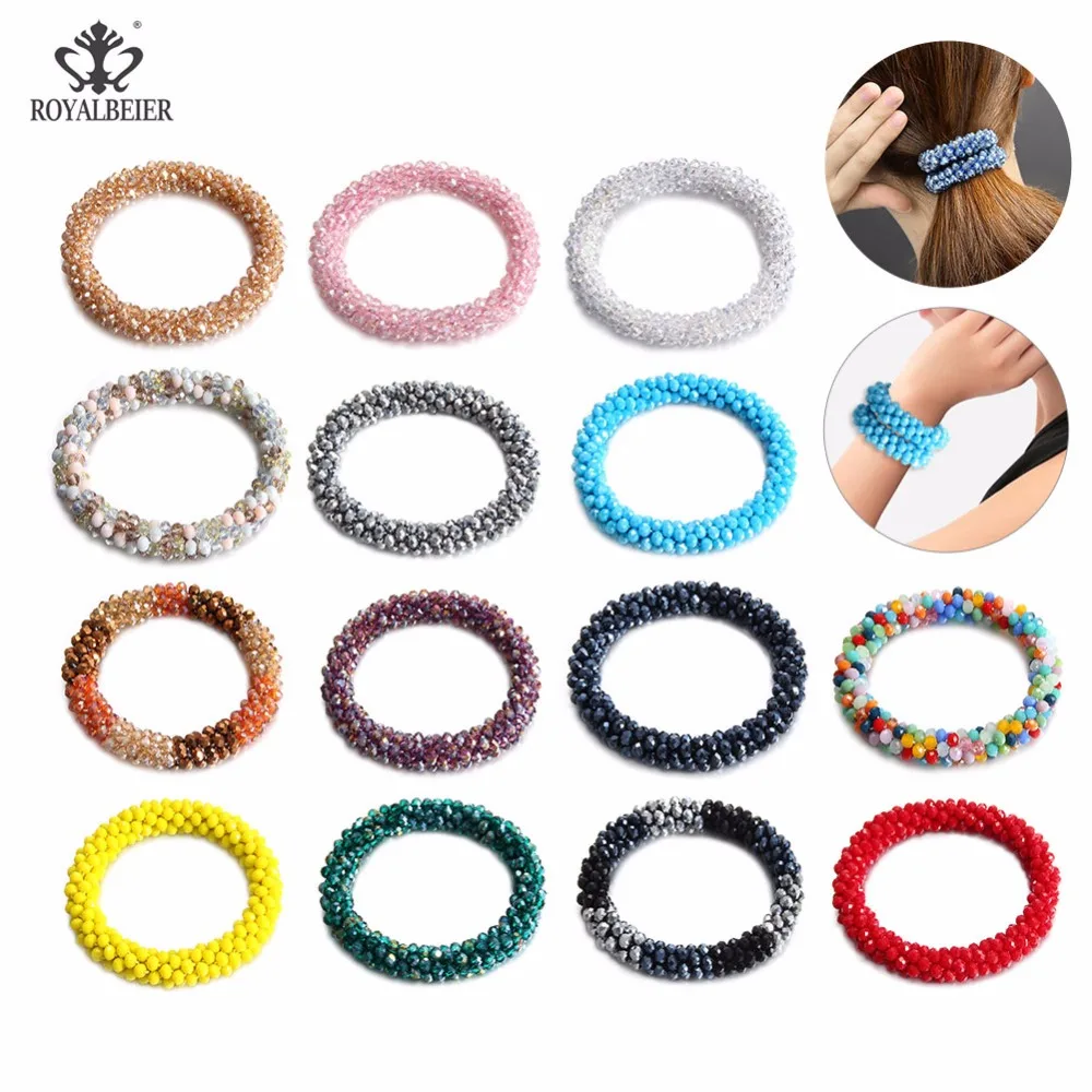 ROYALBEIER Glass Beads Bracelet Trendy Elastic Bracelets Colorful Charms Chic Stretch Elastic Hair Rope Bracelet Women Jewelry