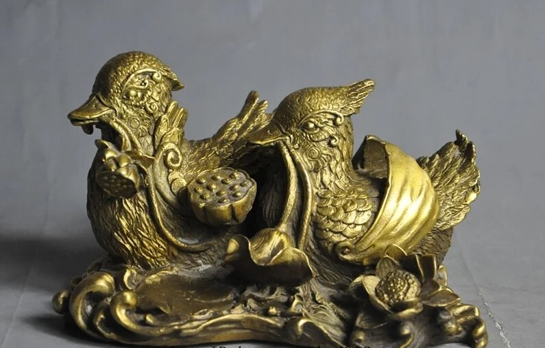 

chinese fengshui brass Lotus Mandarin duck bird lovers lucky statue Decorative