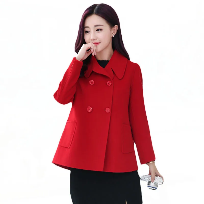 

2018 Autumn Winter New Short Woolen Coat Female Temperament Was Thin Double Breasted Loose Plus Size Cloak Red Wool Coat LQ221