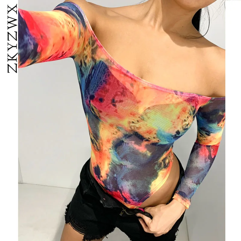 ZKYZWX Sexy Colorful Tie Dye Print Bodysuit Mesh Hollow Out Off The Shoulder Long Sleeve 2019 Clubwear Fashion Nova Party Woman
