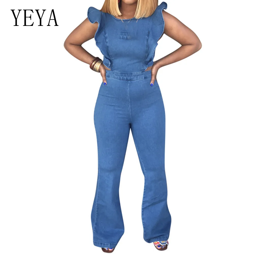 

YEYA New Summer Women Overalls Cool Denim Jumpsuit Butterfly Casual Jeans Sleeveless Bodysuit Hollow Out Rompers Plus Size S-XXL