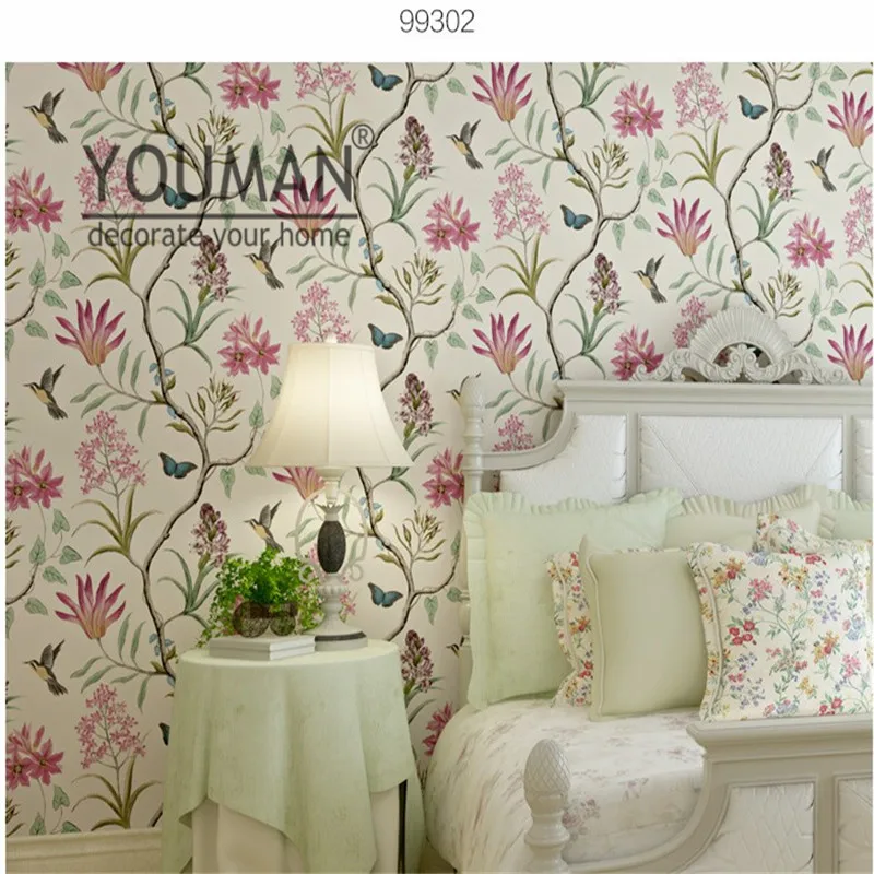 Wallpaper Youman Vintage American country fresh 3d garden flower and bird bedroom living room TV background non-woven wallpaper
