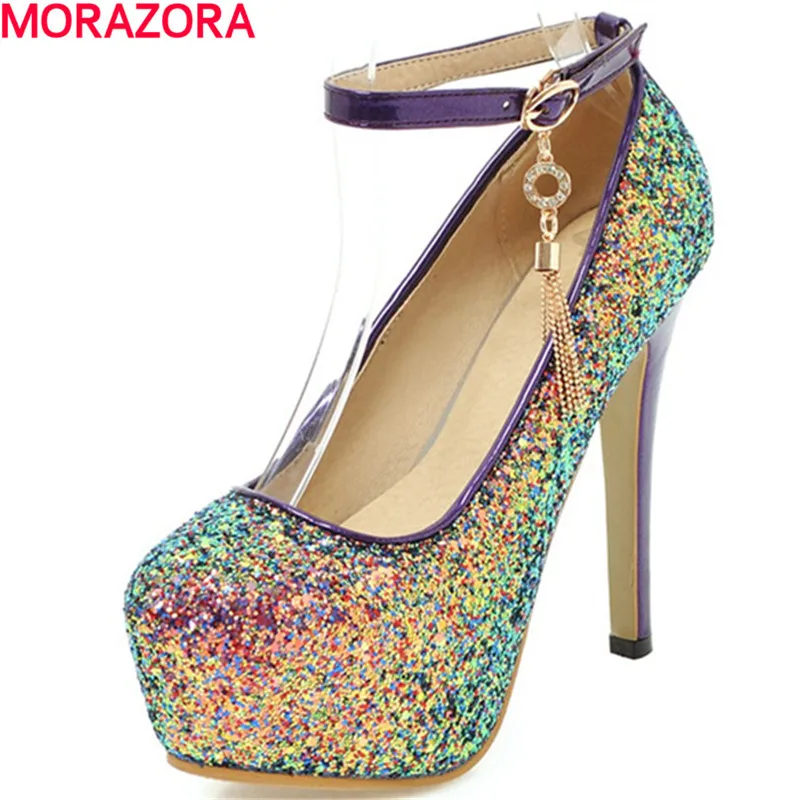 

MORAZORA popular High heels shoes women glitter pumps platform shoes party wedding fashion buckle shoes shallow size 34-47
