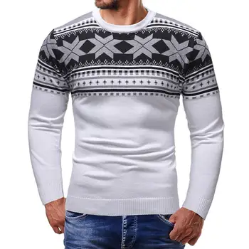 

New Men Geometric Print Round Neck Long Sleeve Sweater Slim Fit Jumper Tops