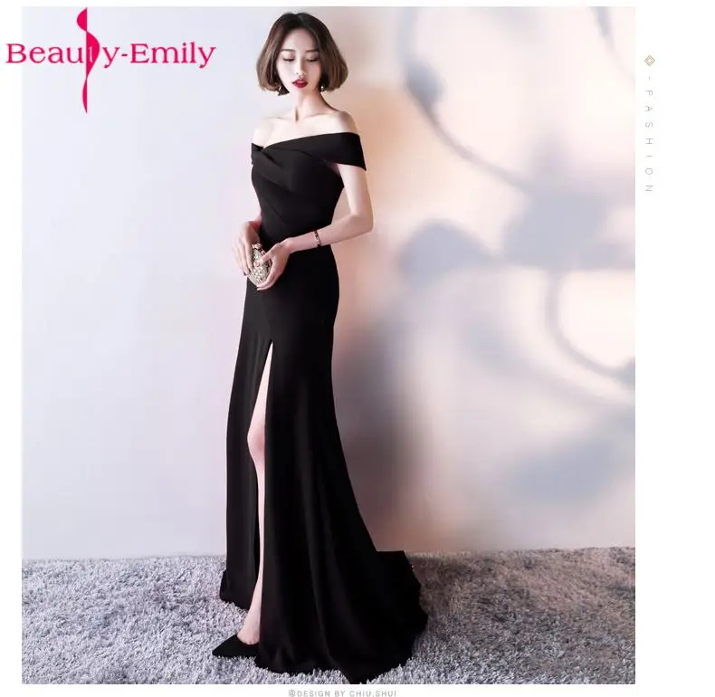 Beauty Emily Sexy Black Mermaid Evening Dresses 2017 Boat-Neck Elastic Satin Women Formal Party Prom Dresses Long Evening Gowns