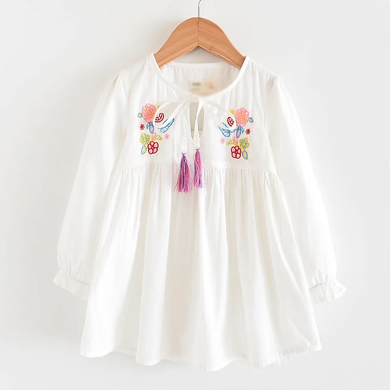 

Girls Dresses 2019 Autumn New Children's Clothing Girls Simple Sweet Flowers Embroidered Fringed Lace Cotton Long-Sleeved Dress