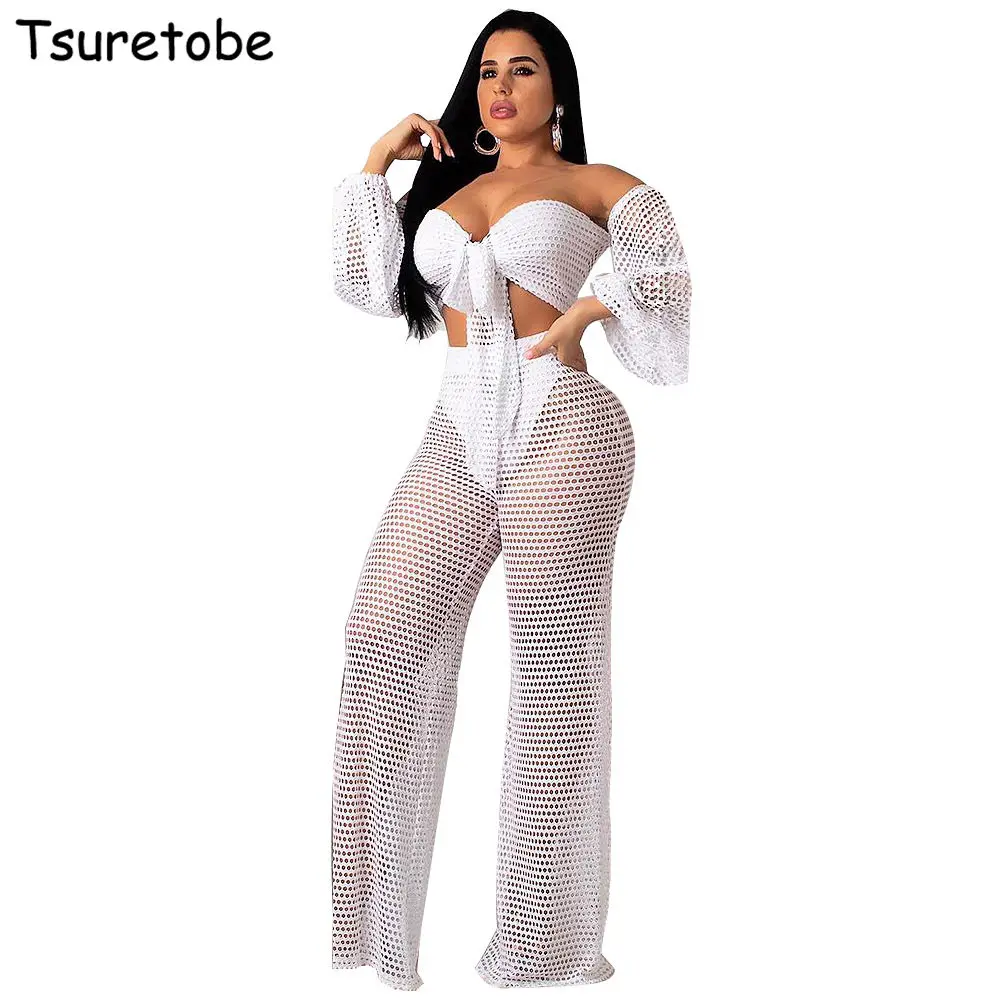 

Tsuretobe Summer Beach Sexy Mesh 2 Piece Set Women Lantern Sleeve Fashion Wide Leg Two Piece Set Off Shoulder Bandage Tracksuit