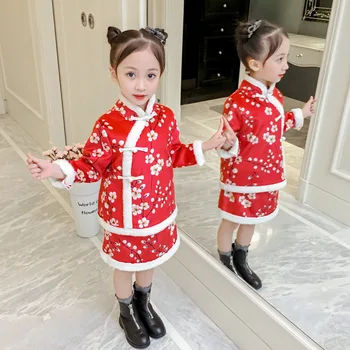 

2018 winter baby girls clothing sets Chinese style new year red gift shirt +skirt thick warm floral print