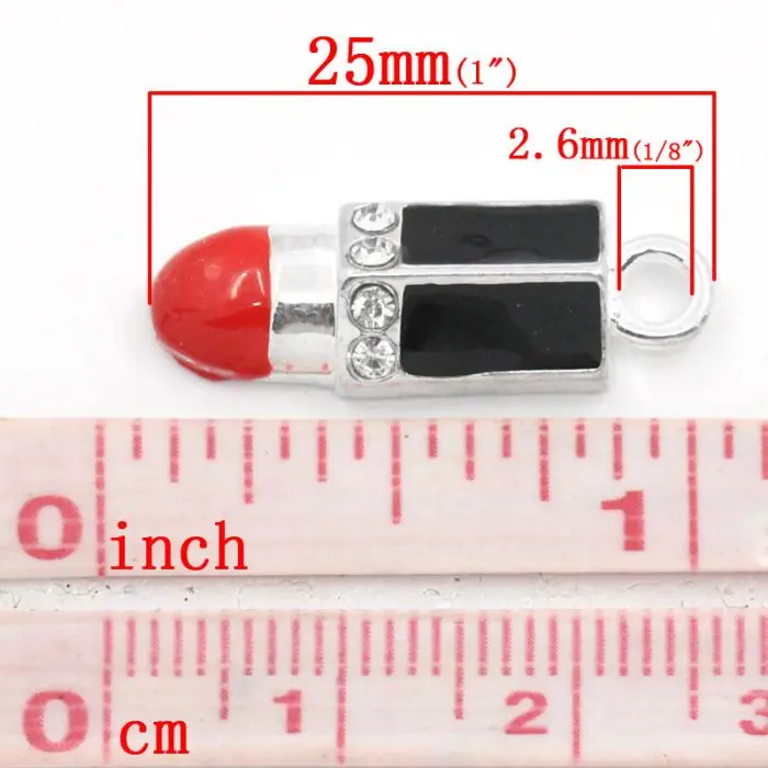 Murah DoreenBeads Retail Charm Pendants Lipstik warna Silver Enamel Red   Black W Berlian Imitasi 25x8.5mm, 10 PCs