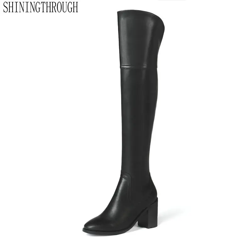 

100% Genuine Leather Over The Knee High Women Boots Square High Heel Zipper Women Shoes Spring Autumn Party Dancing Shoes