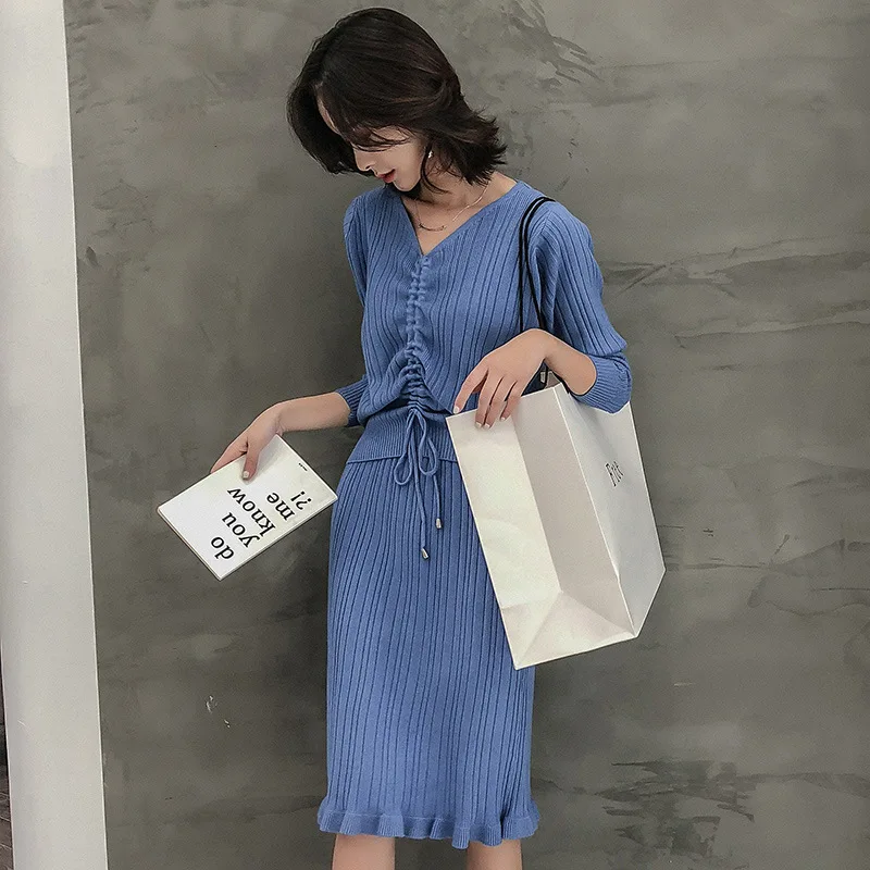 

2018 Autumn Womans Sweater+pencil Midi Skirt Suits Solid Color Two Piece Set Drawstring Sweater Knit Mid Dress 2 Piece Set Women