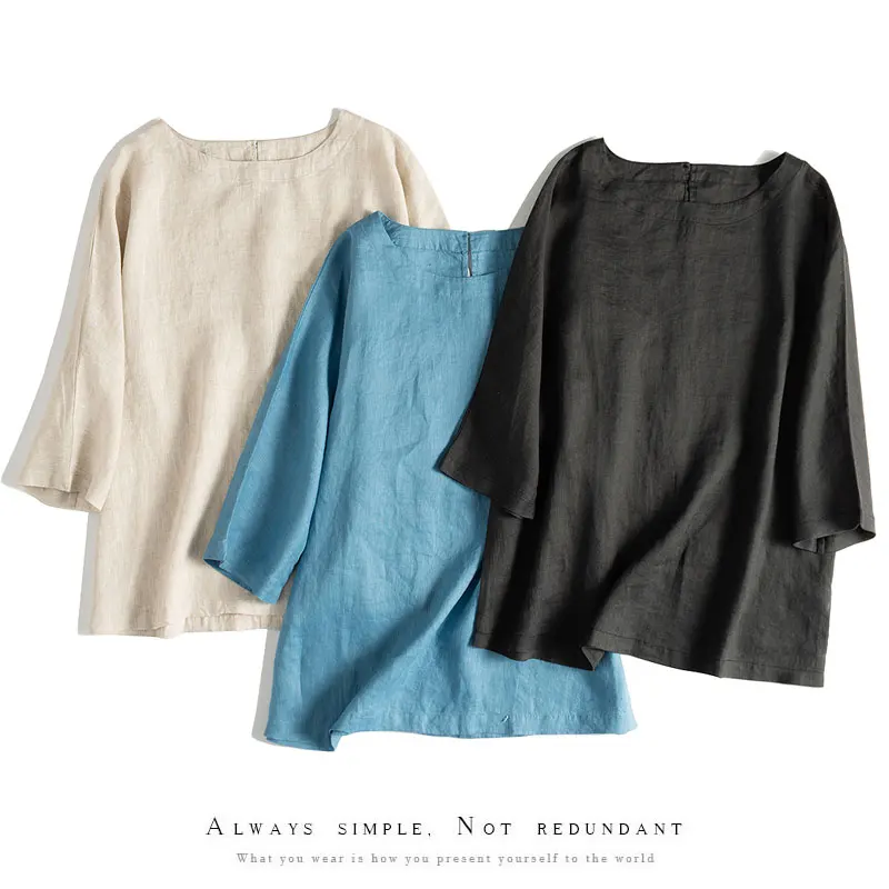 

Summer Women Casual Loose All-match Basic Japanese Style Soft Comfortable Pullover 14*14 Linen Shirts/Blouses