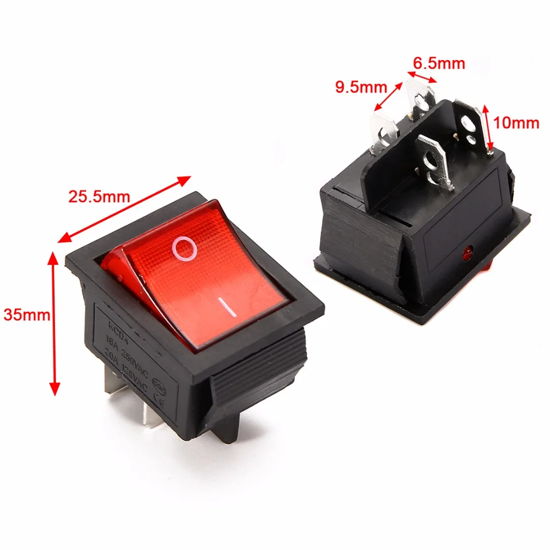 5 шт. 2 позиции Красный светильник кулисный переключатель 16A/250V KCD4 20 4 Pin кнопка