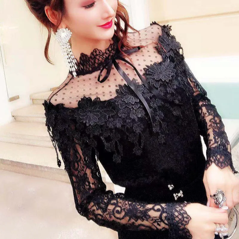 Spring Women Long Sleeve Shirt Sweet Tie Bow  Floral Lace Blouse Female Hollow Out Tassel Mesh Blouses Blusas Short Tops AB1313 2