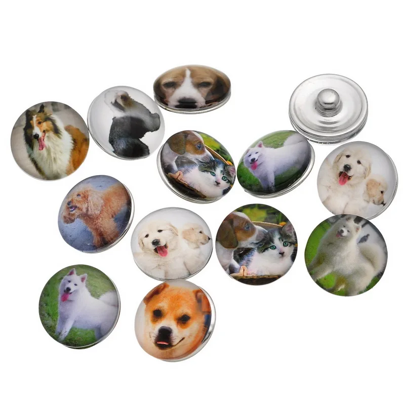 30Pcs Wholesale Mixed Dogs Chien Patterns Glass Round Click Snap Press