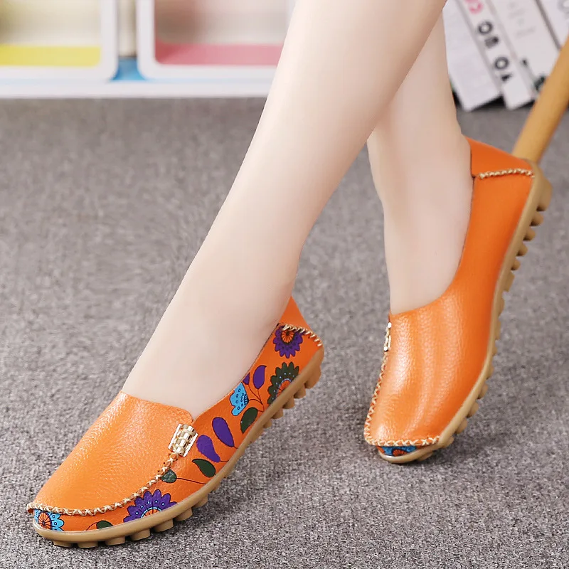 

2019 New Women Flats Genuine Leather Shoes Slip On Ballet Flats Women Casual Shoes Print Woman Shoes Moccasins Loafers Shoes